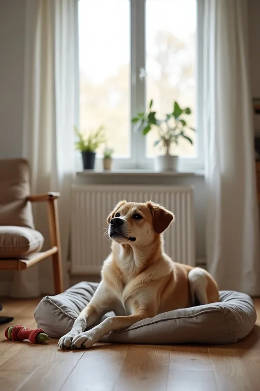 Ny hund som har fått en lugn sovplats i ett hem med enkla, tydliga rutiner.