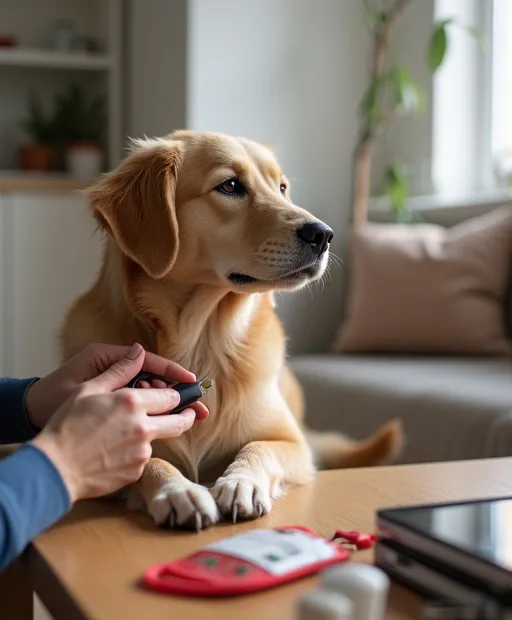 Hundägare klipper hundens klor hemma med klotång och första hjälpen-kit nära till hands