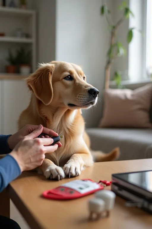 Hundägare klipper hundens klor hemma med klotång och första hjälpen-kit nära till hands