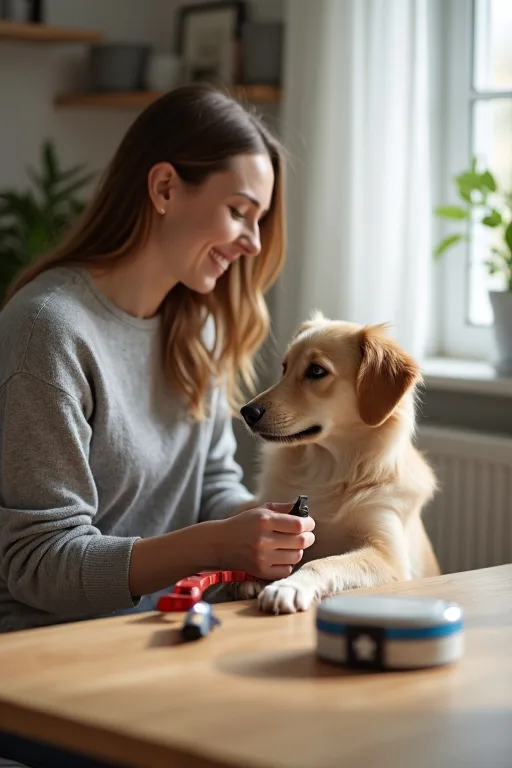 Lugn hemmarutin för kloklippning med hundägare, klotång och första hjälpen-kit på bordet