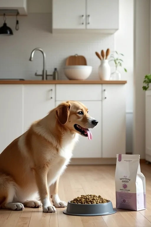 Hund som väntar vid matskål i en vardaglig miljö där päls och hud följs över tid