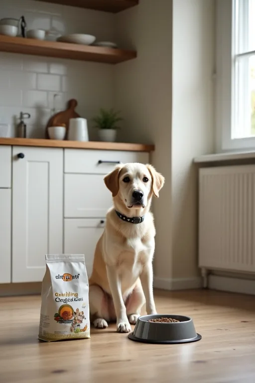 Närbild av hundmat vid en lugn vardagsutfodring med fokus på hud och päls