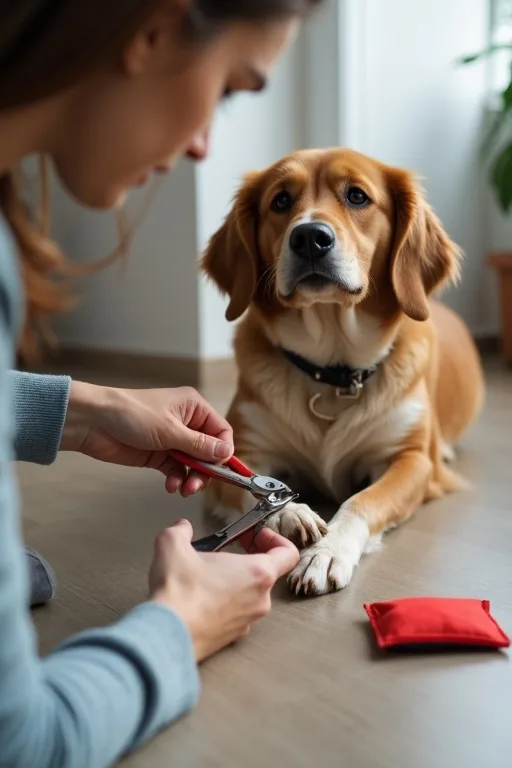 Hundägare förbereder kloklippning hemma med lugna händer och enkel utrustning.