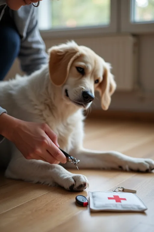 Närbild på hundpaws under lugn hemmarutin för kloklippning.
