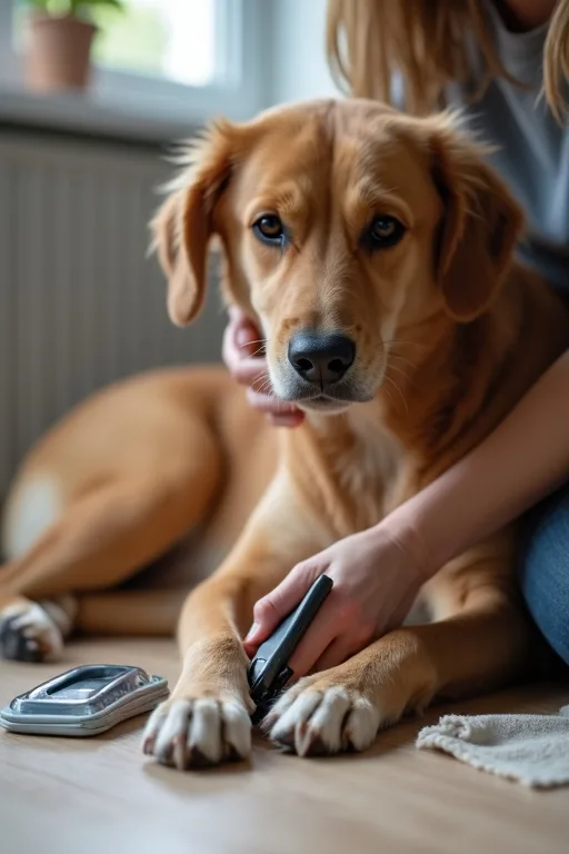 Lugn hemmamiljö där hunden får paus under kloklippning med utrustning nära till hands.
