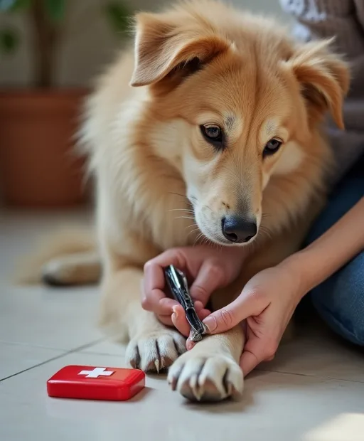 Hundägare klipper hundens klor hemma med klotång och första hjälpen-kit nära till hands.