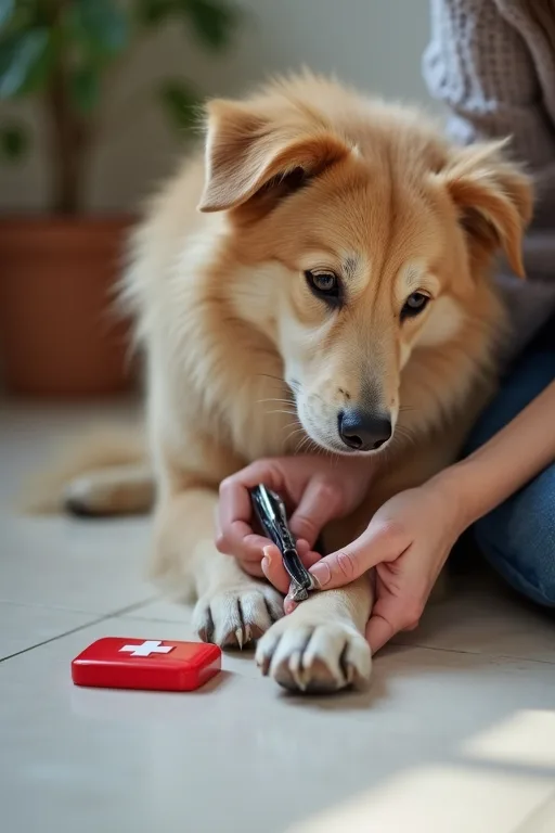 Hundägare klipper hundens klor hemma med klotång och första hjälpen-kit nära till hands.