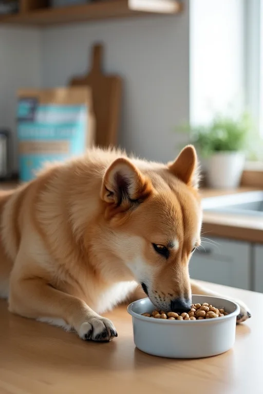 Hund som äter lugnt ur skål i hemmakök med känsligt hundfoder i bakgrunden