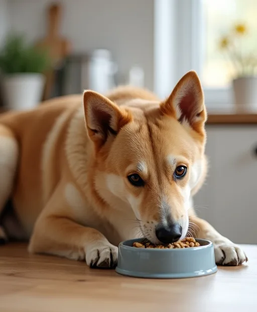 Hund som äter hundfoder för känslig hud och päls i ett lugnt hemmakök