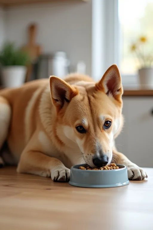 Hund som äter hundfoder för känslig hud och päls i ett lugnt hemmakök