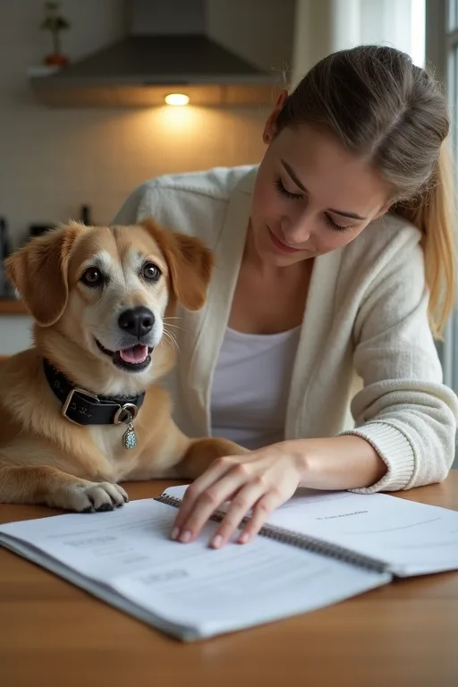 Hundägare som ser över försäkringsuppgifter och hundens dokument i hemmet.