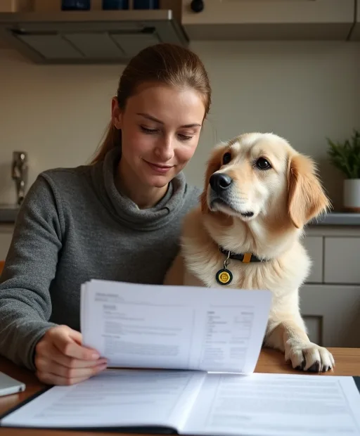 Hundägare som går igenom försäkringspapper hemma med sin hund bredvid.