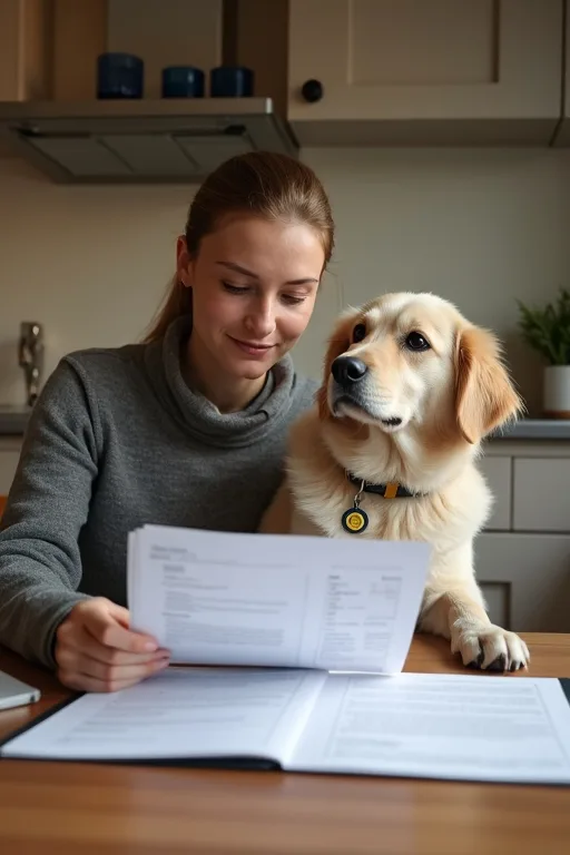 Hundägare som går igenom försäkringspapper hemma med sin hund bredvid.